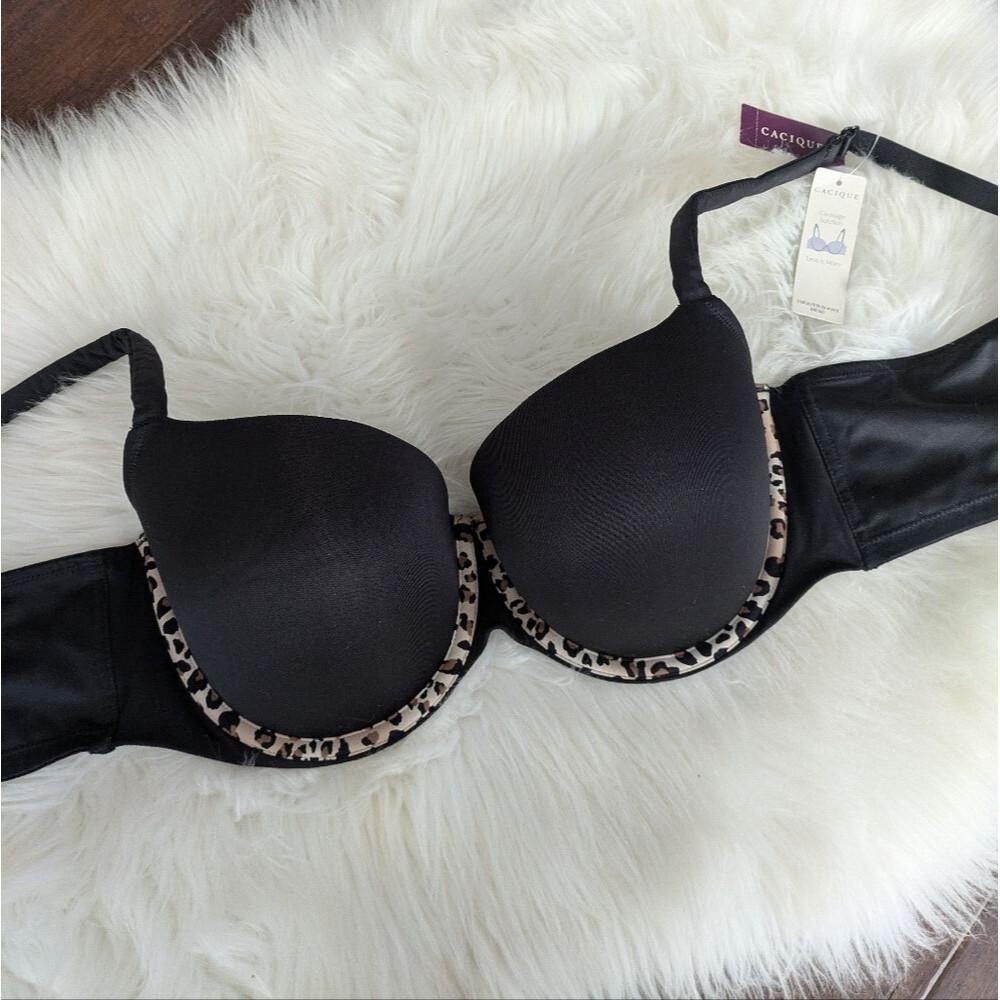 NWT Cacique Smooth Demi Boost Black Leopard Trim Tshirt Bra 44C